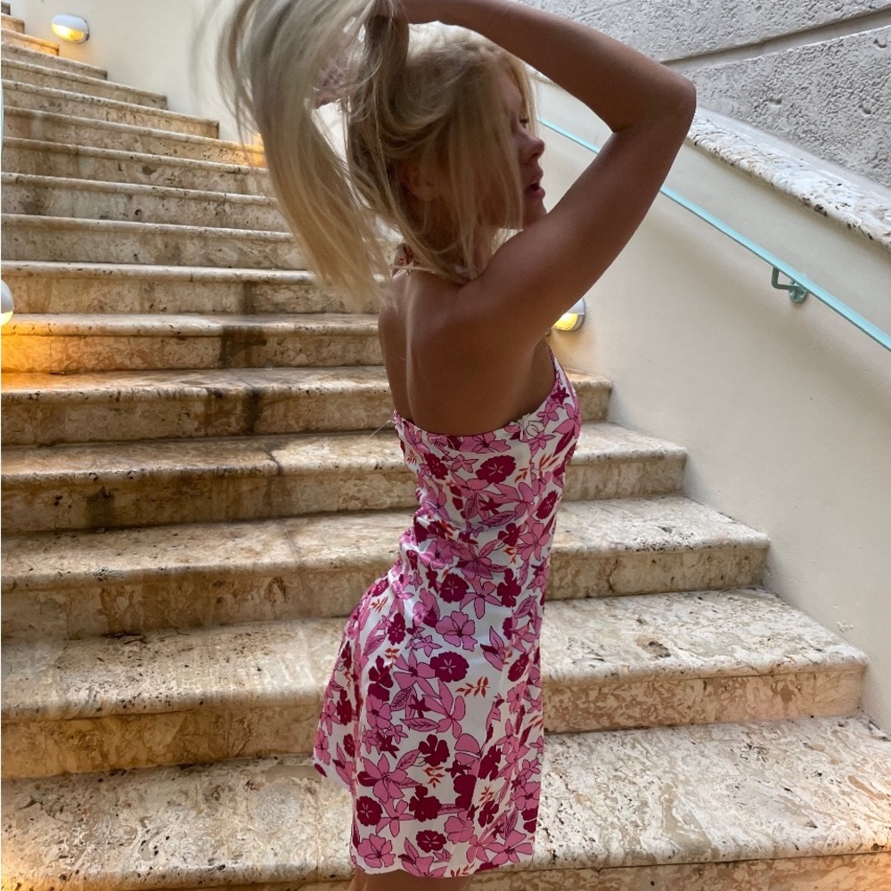 Hawaiian floral, pink and white tropical dress